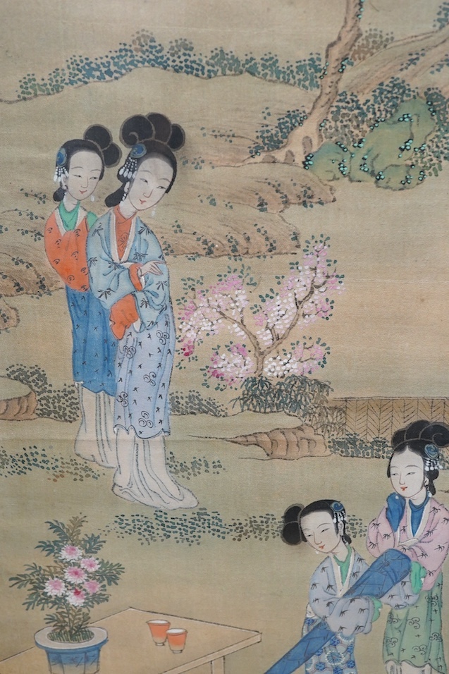 Chinese School, pair of watercolours on silk, Females before landscapes, 80 x 21cm. Condition - fair, some discolouration